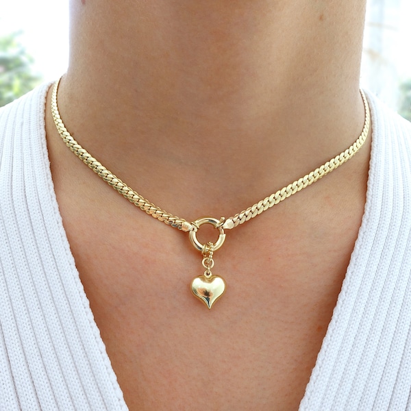 Collar de cadena de espiga de bloqueo de marinero con encanto del corazón / collar de cadena de serpiente plana gruesa de oro de 14 k, joyería fina pesada / regalo del día de San Valentín