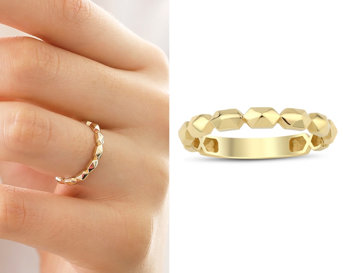 14k Gold Hexagon Shaped Dome Ring | Casual Stackable Geometric Rings, Eternity Band Ring, Valentines Day Gift, Graduation Gift, Gift for Her