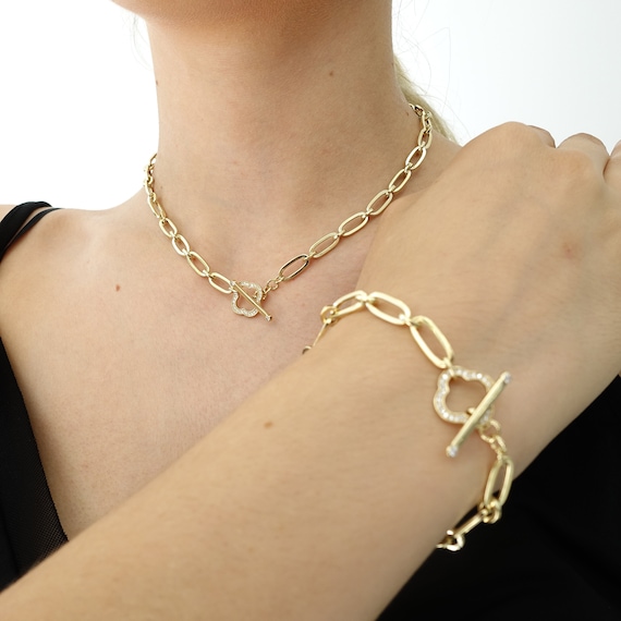 14k Gold Toggle Clasp Oval Paperclip Necklace Chunky Large Bold