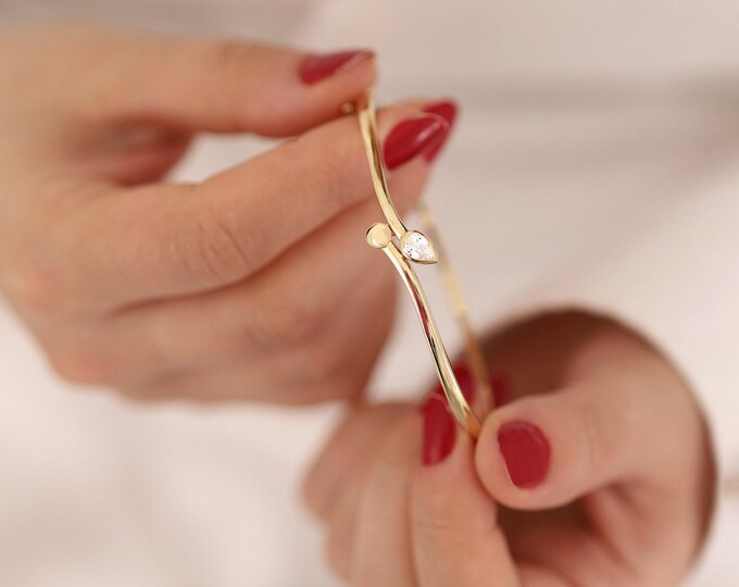 14k Gold Snake Bangle Bracelet | Hinged Curved Teardrop Gemstone Cuff Jewelry