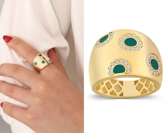 14k Gold Green Floral Dome Ring | Daisy Shaped Fore Finger Ring, Thick Statement Ring, Chunky Jewelry, Anniversary Gift, Graduation Gift