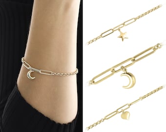 14k Gold Rolo Link & Paperclip Bracelet w/ Crescent Moon Charm | Fine Minimalist Jewelry, Dainty Delicate Bracelet, Birthday Gift for Her