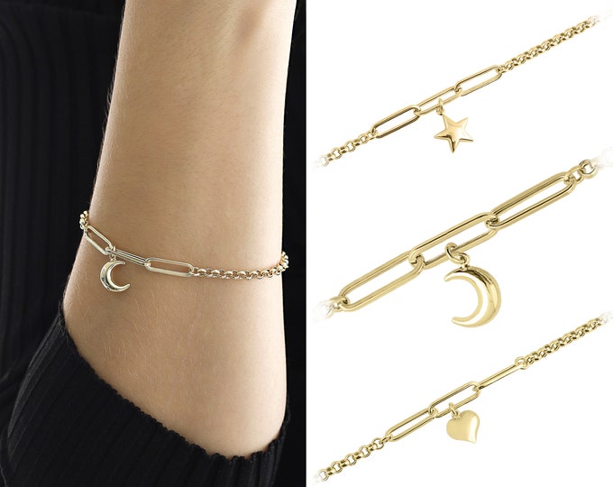 14k Gold Rolo Link & Paperclip Bracelet w/ Crescent Moon Charm | Fine Minimalist Jewelry, Dainty Delicate Bracelet, Birthday Gift for Her