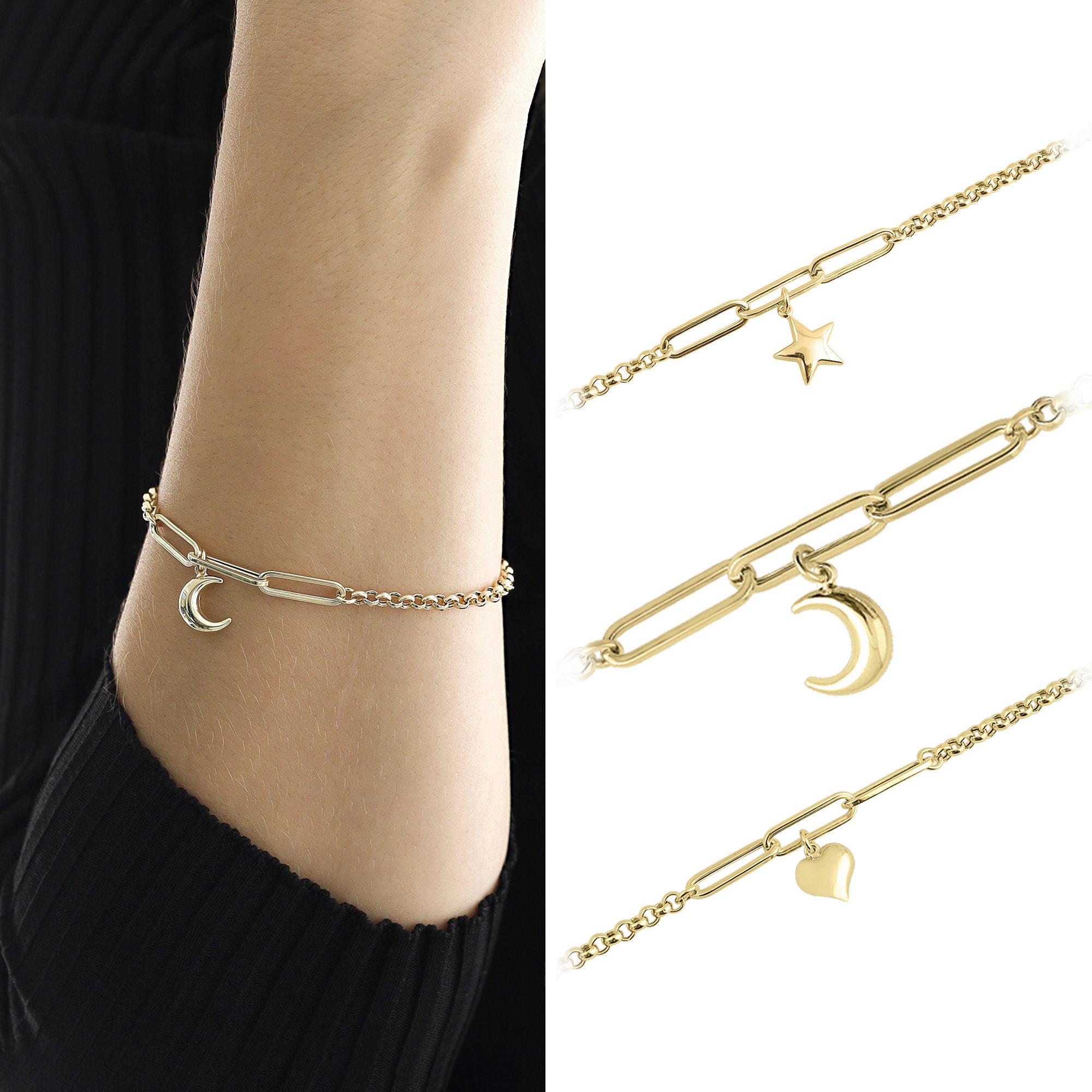 14K Gold Rolo Link & Paperclip Bracelet w/ Star Charm | Double Chain Handmade Dainty Bracelet, Everyday Fine Jewelry, Christmas Gift for Her