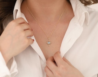 14k Gold Aquamarine North Star Necklace | Dainty Gemstone Pendant for Protection