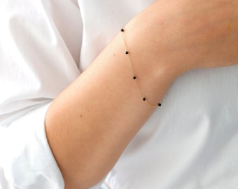 14k Gold Onyx Beaded Bracelet | Black Gemstone Beads, December Birthstone Bracelet