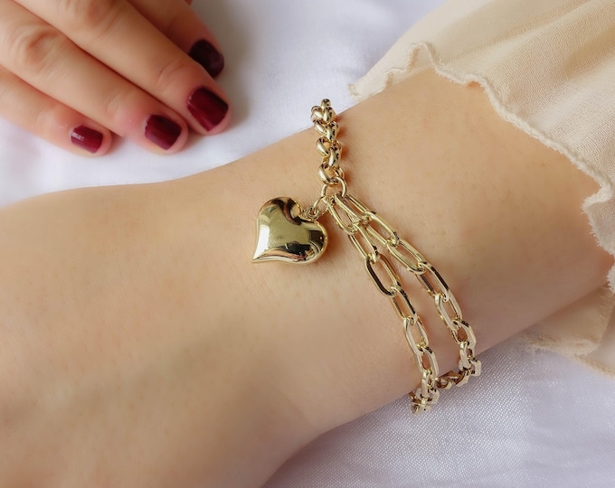 14k gold double staple link thick bracelet w/ puffed heart pendant & sailor lock, paperclip chain, rolo chain bracelet w/ puffy heart charm