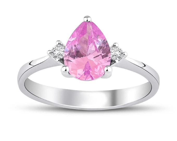 8k/14k/18k Gold Teardrop Cut Pink Sapphire Ring | Pear Cut Sapphire w/ Diamond Wedding & Engagement Ring, September Birthstone Birthday Gift