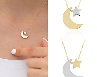 14k Gold Moon and Star Necklace | Crescent and Star Charm, Handmade Jewelry, Celestial Pendant, Birthday Gift, Charm Necklace, Gift for Her