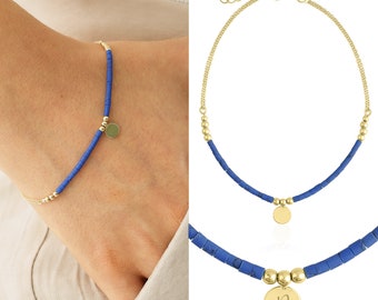 Bracciale LAPIS Lazuli con perline d'oro 14k / Moneta incisa, Bracciale in PIETRA NATURALE personalizzato, Bracciale minimalista quotidiano, Regalo per lei