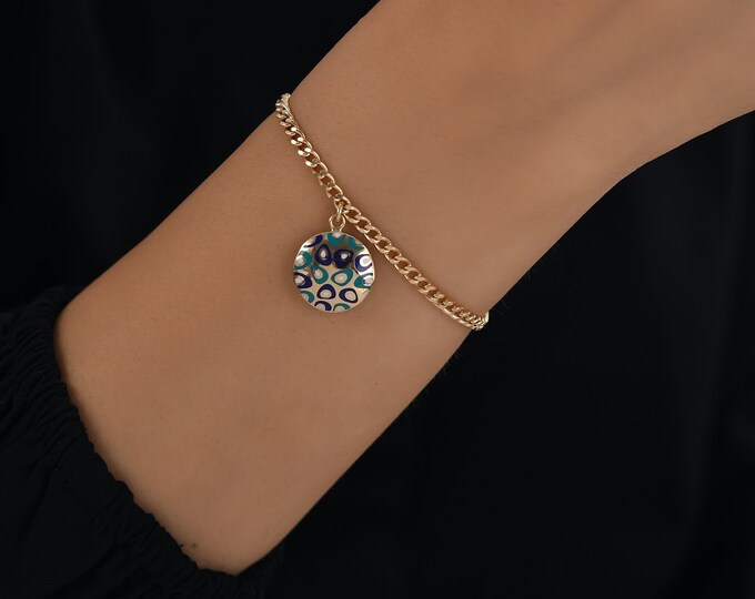 14k Gold Bracelet Enamel Evil Eye (Nazar) Charm Bracelet | Geometric Blue and Green Triangles Round Charm Curb Chain | Gift for Her