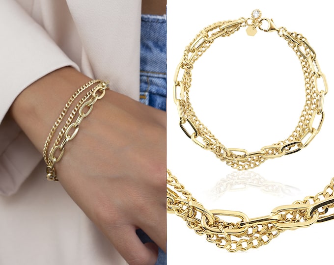 3 Strand Paperclip & Curb Bracelet | 14k Gold Three Chains Stacking Bracelet, Thick Gold Jewelry, Gold Layering Chain | Valentine's Day Gift