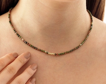 14k Gold Unakite Beaded Necklace | March Birthstone Healing Jewelry