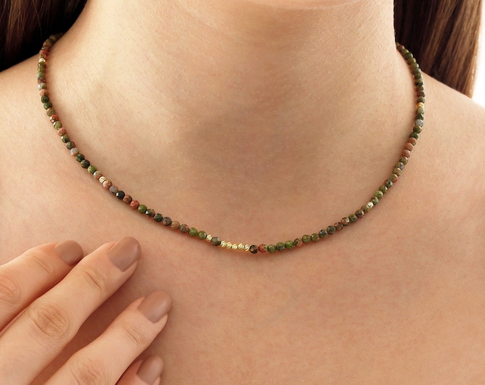 Unakite Necklace with 14k Gold Dorica Beads | Natural Stone Necklace, Scorpio Gemstone Beaded Necklace, Unakite Worry Stone, Gift for Her