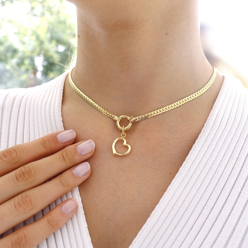 Heart Charm Sailor Lock Herringbone Chain Necklace 14k Gold Thick Flat Snake Chain Necklace, Heavy Fine Jewelry Valentine's Day Gift image 5