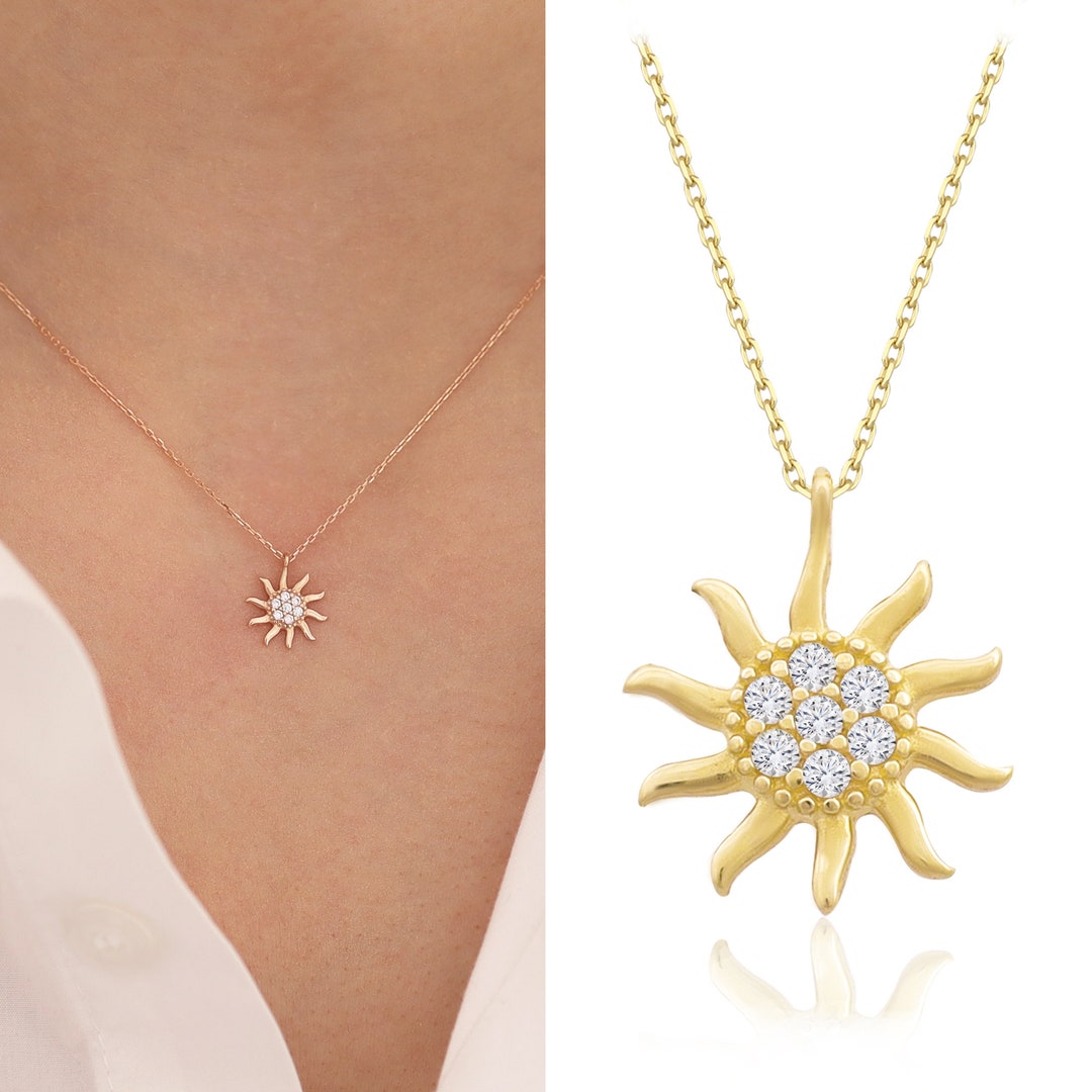 14K Gold Sun Necklace With Stones Sunshine Pendant Etsy