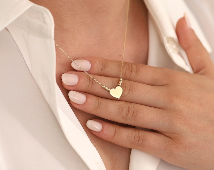 14k Gold Beaded Flat Heart Necklace | Engravable Heart Pendant, Minimalist Love Necklace, Elegant Jewelry, Valentines Day Gift, Gift for Her