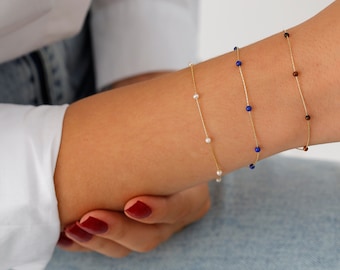 14k Gold Lapis Lazuli Beaded Bracelet | Dainty Lapis Gemstone Bracelet, Handmade Jewelry for Serenity & Tranquility, September Birthstone