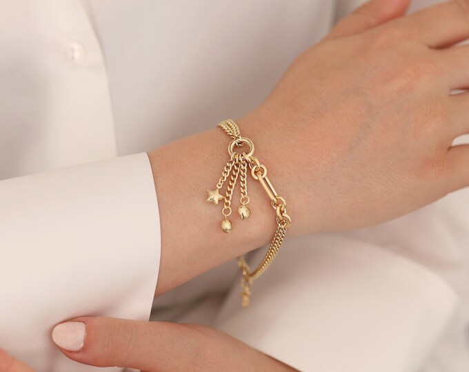14K Gold Double Curb & Oval Paperclip Chain Bracelet | Rolo Chain Dangle Bracelet w/ Star and Gold Balls, Gracious Jewelry, Graduation Gift