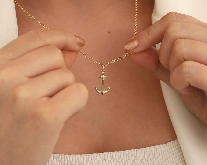 14k Gold Rolo Chain w/Anchor Pendant | Statement Lucky Charms, Stackable Layering Necklaces, Christmas Gift, Avocation Gifts , Gift for Her