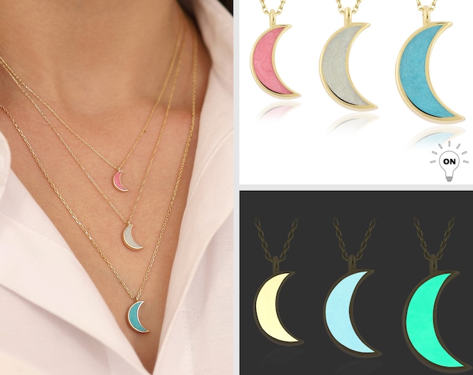 Luminous Crescent Moon Necklace | 14k Gold Moon Necklace, Glow in the Dark Moon Pendant, Luminescent Celestial Jewelry, Birthday Gift