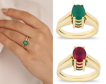 14k Gold Emerald & Ruby Reversible Ring | Two-Side Oval Gemstone Ring, Two in One Ring, Two Stone Ring, Versatile Jewelry, Anniversary Gift