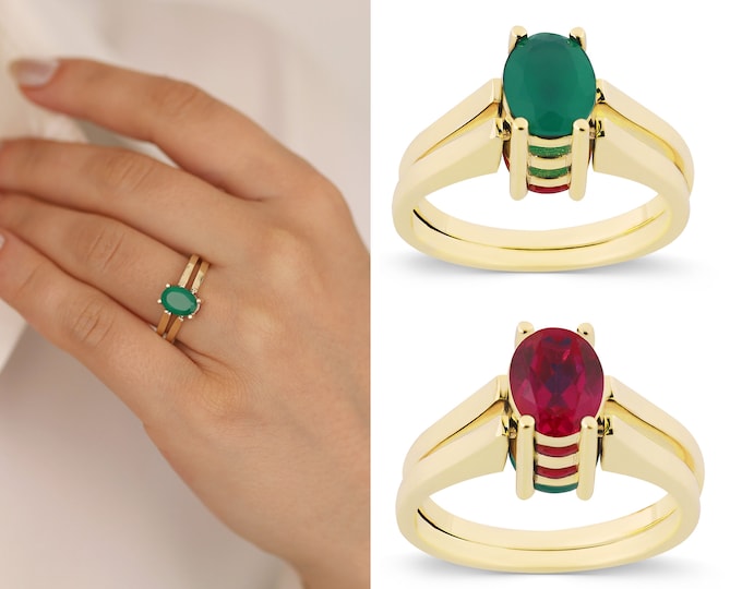 14k Gold Emerald & Ruby Reversible Ring | Two-Side Oval Gemstone Ring, Two in One Ring, Two Stone Ring, Versatile Jewelry, Anniversary Gift