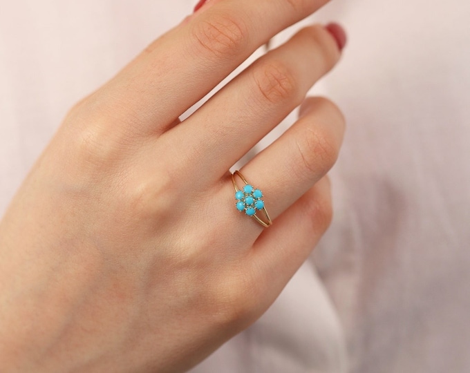 Turquoise Gold Ring | Blue Turquoise Gem Hexagon Dainty Ring | 7 Pieces Honeycomb December Birthstone, Handmade Jewelry | Gift for Her
