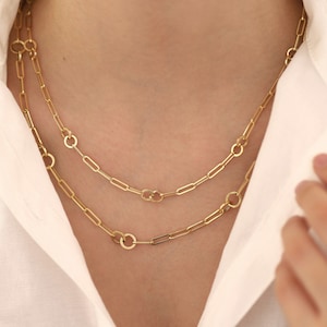 14k Gold Paperclip & Round Link Chain Necklace | Paperclip Chain with Intertwined Rings, Double Circle Layering Necklace, Graduation Gift