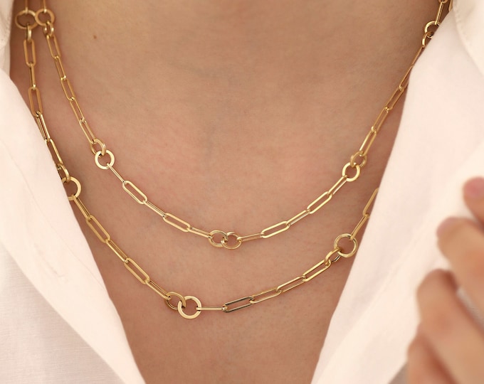 14k Gold Paperclip & Round Link Chain Necklace | Paperclip Chain with Intertwined Rings, Double Circle Layering Necklace, Graduation Gift