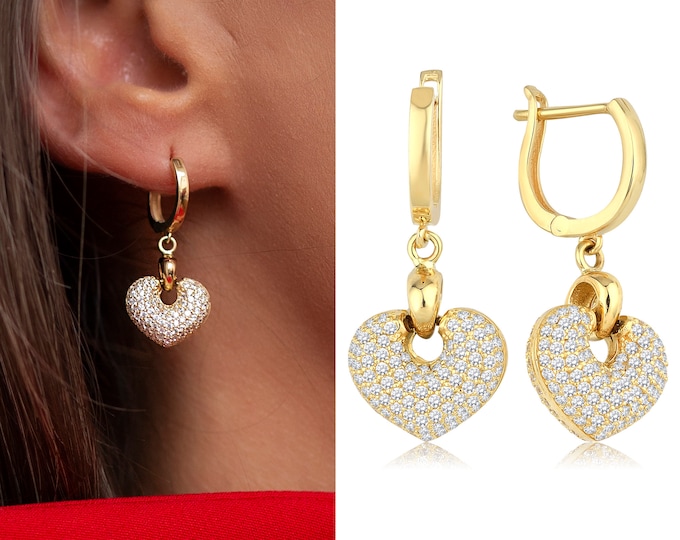 14k Gold Puffy Heart Shaped Dangling Earrings | Latch Back English Lock, French Clip, Zircon Gemstone Paved Puffy Heart Earrings