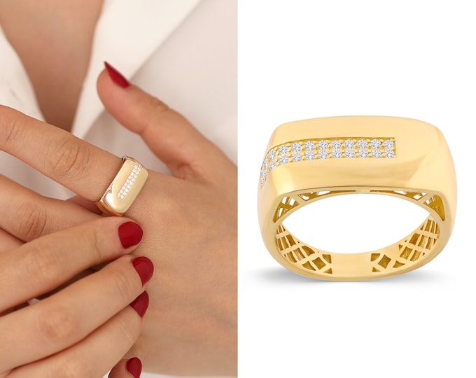 14k Gold Stripe Rectangular Ring | Fore Finger Ring, Chunky Statement Ring, Sparkled Dome Ring, Stylish Design, Anniversary Gift, Mom Gift