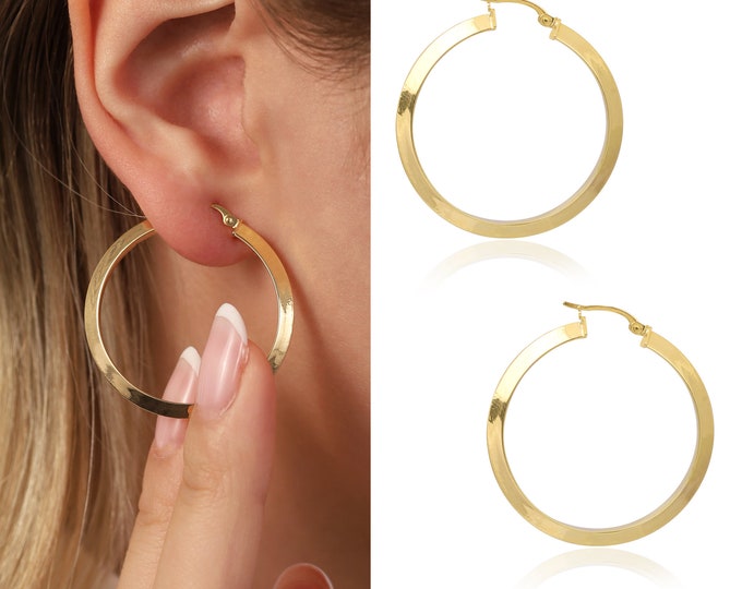 14k Gold Thin Hoop Earrings | Minimalist Design Whorl & Plain Earrings, Daily Use Jewelry, Gift for Daughter, Anniversary Gift, Gift for Her