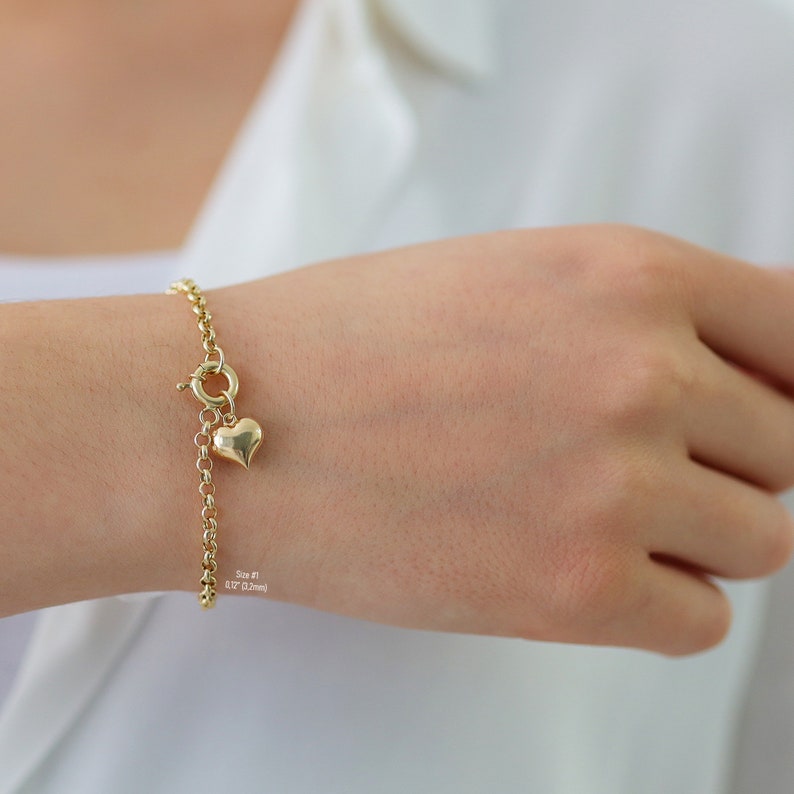 14k Gold Rolo Link Bracelet With Heart Charm Thick Belcher Etsy