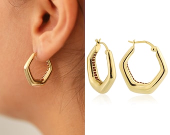 14k Gold Hexagon Hoop Earrings | Hexagonal Huggie Earrings, Bold Hoop Earrings, Geometric Dome Earrings, Statement Jewelry, Anniversary Gift