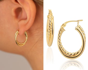 14k Gold Double Row Earrings | Twisted & Plain Round Earrings, Dangle Hoop Earrings, Rope Circle Jewelry, Graduation Gift, Gift for Daughter