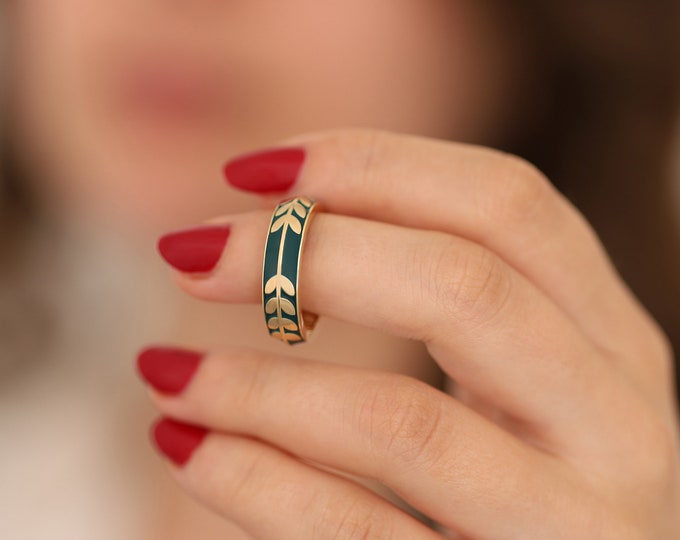 14k Gold Green Laurel Leaf Ring | Vintage Botanical Wide Band
