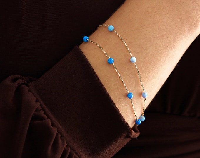 Dark Blue Opal Bracelet | 14k Gold Blue, White and Pink Satellite Opal Bracelet, October & Libra Birthstone, Zodiac Jewelry, Birthday Gift