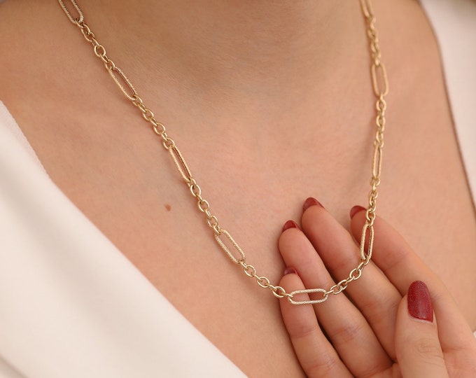 14K Gold Paperclip Chain Necklace | Thick Dorica Jewelry, Stylish Heavy Necklace, Sparkley Chain Jewel, Daily Use Necklace, Graduation Gift