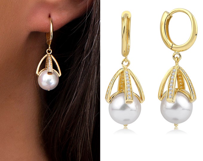 14k Gold AAA Quality Pearl Huggie Earrings | Dangling Freshwater Pearl Earrings, Gold Pearl Drop Earrings, Zircon Gemstone | Gift for Her