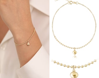 14k Gold Heart Charm Bracelet | Puffy Heart Pendant Bracelet w/ Beaded Gold Ball Chain, Dainty Gift for Woman Daily Use | Gift for Her