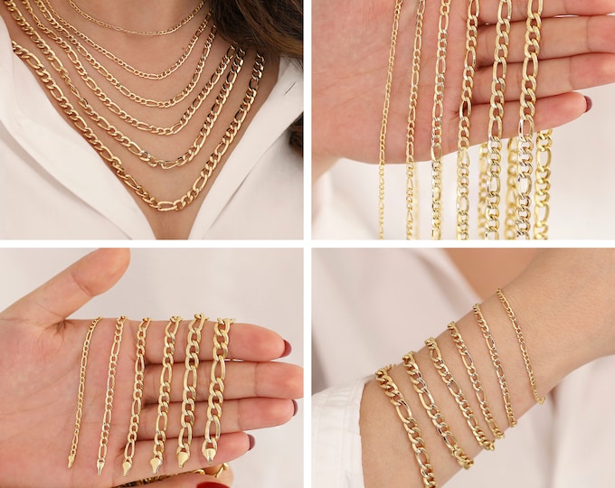 Gold Figaro Chain Necklace & Bracelet | 14k Gold Figaro Chain, 3mm to 6mm Cuban Chain, Unisex Chain Necklace, Stacking Jewelry, Gift for Her