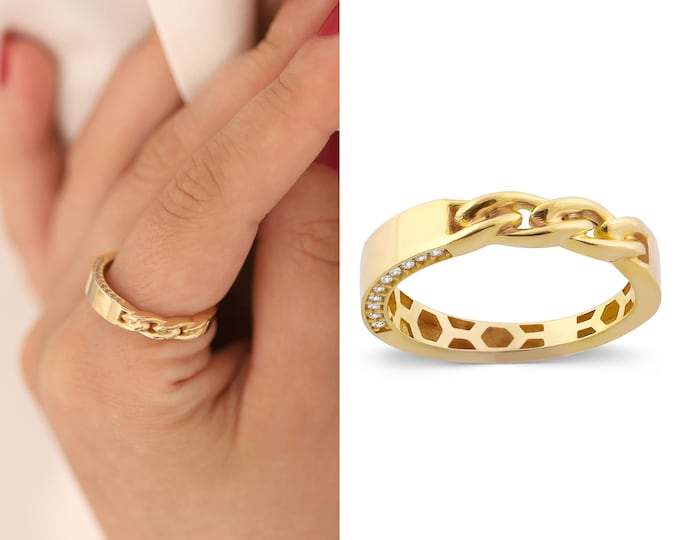 14k Gold Half Curb Chain Multifaceted Ring | Versatile Ring, Shiny Promise Ring, Stackable Eternity Jewelry, Mom Gift, Valentines Day Gift