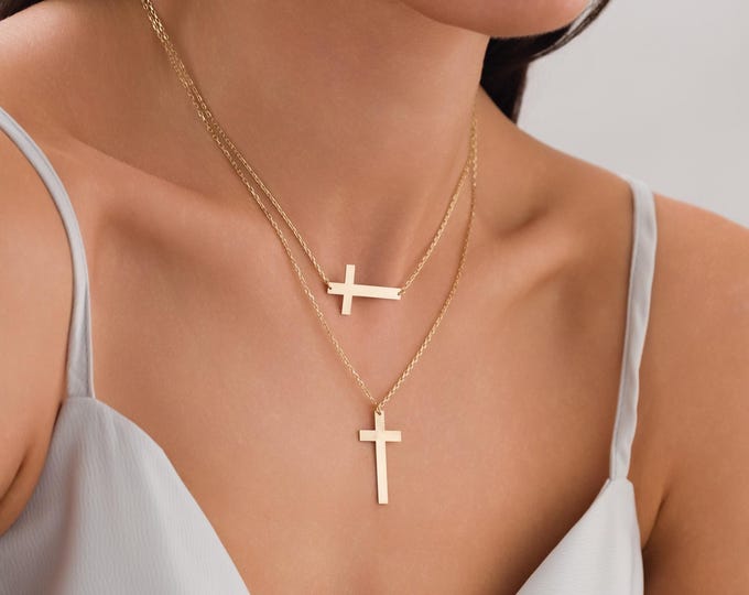 10k Gold Cross Engraving Necklace | Custom Cross Dainty Necklace with Engraving, Christmas Gift, Mother's Day Gift, Baptism Gift