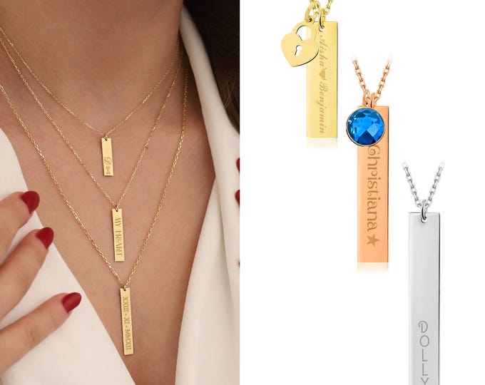 Gold Vertical Personalized Bar Necklace | 10k&14k Engraved Name, Icon Necklace, Simple Gift Idea, Personal Gift, Gift for Children and Kids
