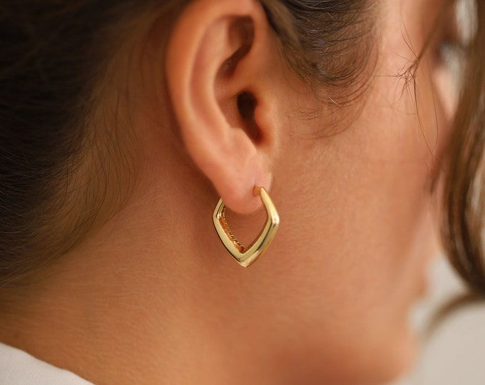 Quadrangle Dome Earrings 14k Gold | Bold Edge Hoop Earrings, Thick Tube Earrings, Statement Jewelry, Valentines Day Gift, Birthday Gift