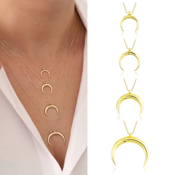 Collar de oro Crescent Moon de 14k / colgante de luna, collar de doble cuerno, encanto de media luna minimalista de oro de 14k, regalo de cumpleaños / regalo para ella