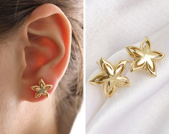 14k Gold Dainty Flower Earrings | 3D Lazer Cut Earrings, Bold Stud Earrings, Luxury Jewelry Set, Valentines Day Gift, Mom Gift, Gift for Her