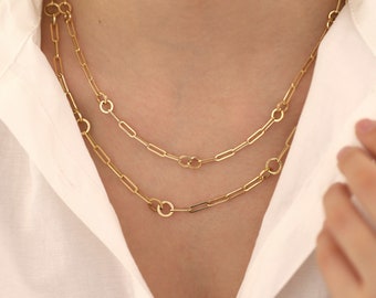 14k Gold Paperclip and Round Link Chain Necklace | Paperclip Chain with Double Ring, Dainty Circle Necklace, Layering Necklace, Gift for Her