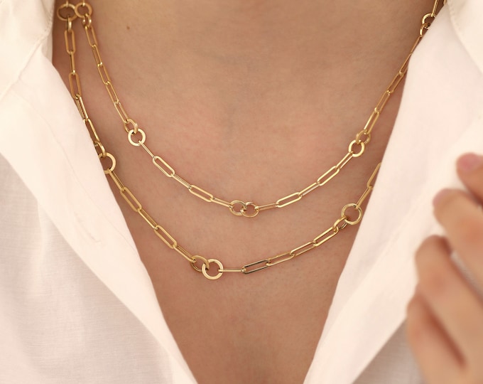 14k Gold Paperclip and Round Link Chain Necklace | Paperclip Chain with Double Ring, Dainty Circle Necklace, Layering Necklace, Gift for Her